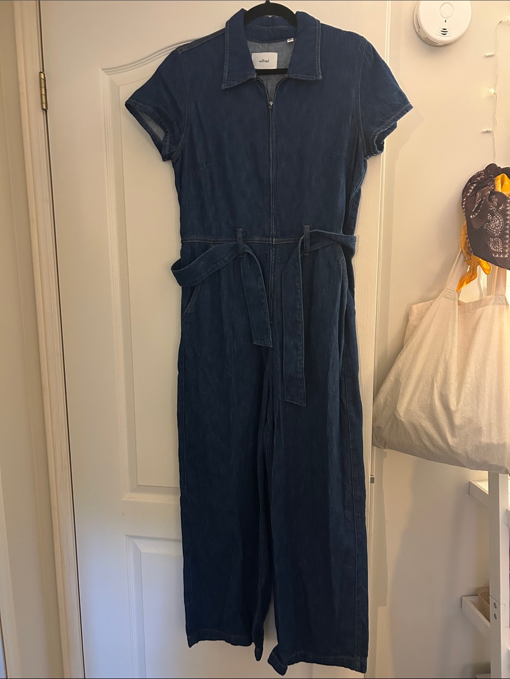Wilfred Denim Zip Front Jumpsuit with Tie Belt
